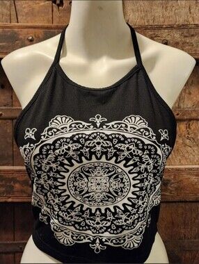 Black Halter Crop Top with White Mandala Print